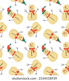 Seamless winter pattern with cute smiling snowmen in scarves and hats. Ideal for Christmas packaging, holiday decorations and seasonal designs.