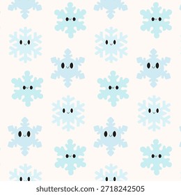 Seamless winter pattern with cute snowflakes and faces. Playful holiday background for wrapping paper, textile, wallpaper, fabric and Christmas surface design.