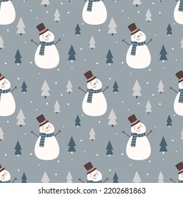 Seamless winter pattern with cute snowmen and Christmas trees.