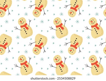Seamless winter pattern with cute snowmen in scarves with snowflakes scattered around. Ideal for Christmas packaging, holiday decorations and seasonal designs.
