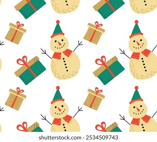 Seamless winter pattern with cute snowmen and gift boxes. Ideal for Christmas packaging, holiday decorations and seasonal designs.