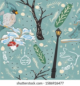 Seamless Winter Pattern With Cute spruce and Cardinal Bird. Colorful Design. Vector Illustration.