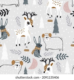 Seamless winter pattern with dear, bunny, bear and forest elements . Creative kids for fabric, wrapping, textile, wallpaper, apparel. Vector illustration