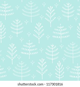 Seamless winter pattern with decorative trees. Hand drawn texture for design textile, wrapping paper, backgrounds