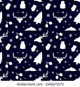 Seamless winter pattern with deer in forest. deer, fir-tree, snowflakes, mountains. Merry Christmas pattern.