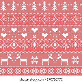 Seamless winter pattern with deer, trees, hearts and snowflakes.