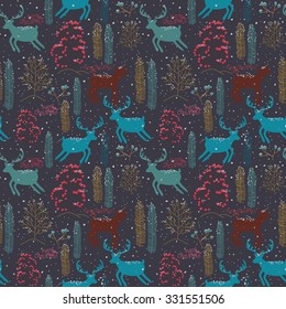 Seamless winter pattern with deer and trees. Christmas Snow.