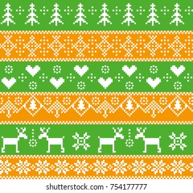 Seamless winter pattern with deer, trees, hearts and snowflakes.
