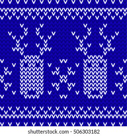 Seamless winter pattern with deers. Blue and white knitted christmas background. New Year's design. Vector