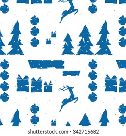 Seamless winter pattern with deers, christmas trees and gifts. Shabby style. Vector Template for gift wrapping