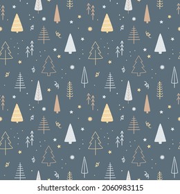 Seamless winter pattern with different christmas tree. Hand drawn holiday texture. Vector template.
