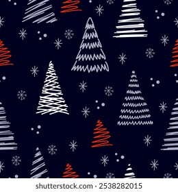 Seamless winter pattern with different christmas tree. hand drawn . doodle. Dark background design.