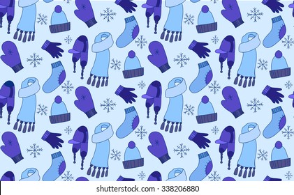 Seamless winter pattern with doodle clothing - hats, socks, mittens for your creativity
