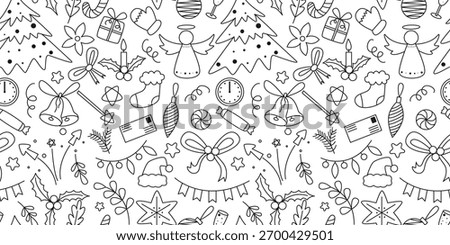 Seamless winter pattern in doodle sketch style. Background with attributes of Christmas and winter holidays. Monochrome hand drawn print for textiles, packaging, paper, design, vector graphics