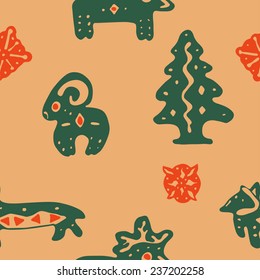 Seamless winter pattern with ethnic animals, spruce, and snowflakes