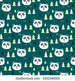 Seamless winter pattern with face bears and trees. Cartoon Panda Vector illustration for kids nordic background with triangle dots. Decorative wallpaper, good for printing. Happy New Year. Winter time