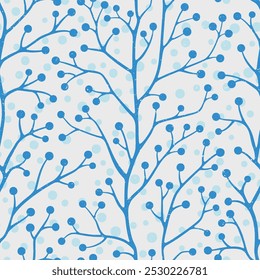 A seamless winter pattern featuring blue berry branches against a soft blue background designed for decorations and textiles