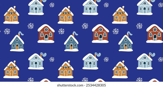 Seamless winter pattern featuring cute houses covered in snow, with smoking chimneys and snow-capped roofs, vector illustration for gift wrapping and holiday projects