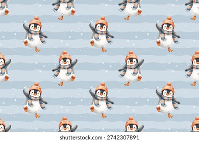 Seamless winter pattern featuring cute watercolor penguins wearing knitted hats and striped scarves. The adorable baby penguins are playfully posing against soft blue wavy stripes with scattered snowflakes, creating a cozy and festive holiday background. Hand-painted illustration with soft pastel tones, perfect for wrapping paper, fabric, nursery decor, winter stationery, and Christmas designs.
