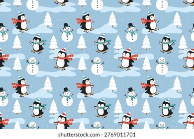Seamless winter pattern featuring cute penguins, snowmen, and pine trees on a soft blue background. Perfect for kids fabric, wrapping paper, nursery decor, and seasonal designs.