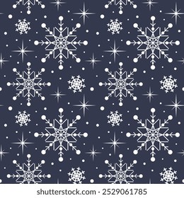 A seamless winter pattern featuring delicate snowflakes on a dark gray background. Perfect for holiday designs, textiles, and festive decorations, capturing the enchanting beauty of winter.