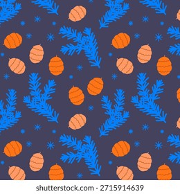 Padrão de inverno contínuo com ramos de abeto e cones. Fundo floral repetitivo azul com plantas e neve. Relacionamento repetido festivo para papel, têxtil, embrulho, saudação. Ornamento decorativo
