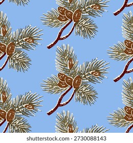 Seamless winter pattern with fir tree branches and pine cones covered with snow on blue background. Concept of Christmas decoration, holiday design and seasonal nature ornament