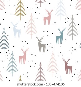 Seamless winter pattern with fir trees and deer on a white background. Isolated objects. Vector illustration in flat scandinavian style for fabric, wallpaper, clothing, covers, packaging.