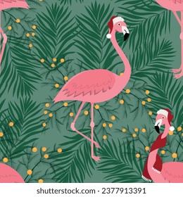 Seamless winter pattern with flamingo and pine tree. Christmas green seamless pattern. Design for wrapping, wallpaper and decor.