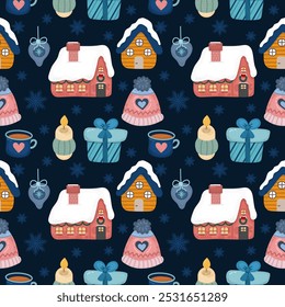 Seamless winter pattern in flat style with houses, snowflakes and Christmas elements. Bright colors and cozy atmosphere are perfect for textiles, packaging and holiday decorations.