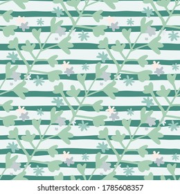 Patrón de invierno sin foco con siluetas de ramas florales en tonos azules. Fondo blanco con tiras azules. Ideal para envolver papel, textil, papel de tela y papel pintado. Ilustración vectorial.