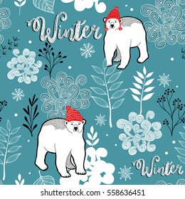 Seamless winter pattern of frozen forest and white bears. Vector endless background.