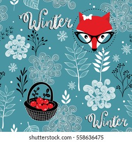 Seamless winter pattern of frozen forest and hipster fox. Vector endless background.