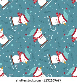 Seamless winter pattern with funny snowmen on sleds.