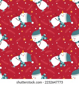 Seamless winter pattern with funny snowmen on a red background.