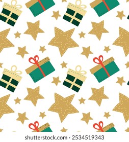 Seamless winter pattern with gift boxes surrounded by stars. Ideal for Christmas packaging, holiday decorations and seasonal designs.