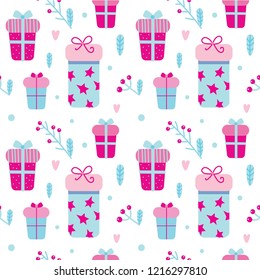 Seamless winter pattern with gifts