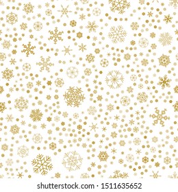 Seamless winter pattern with golden  snowflakes on white background. Snow vector illustration design for Christmas and New Year print textile paper