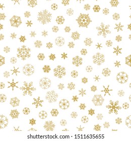 Seamless winter pattern with golden  snowflakes on white background. Snow vector illustration design for Christmas and New Year print textile paper