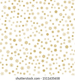 Seamless winter pattern with golden  snowflakes on white background. Snow vector illustration design for Christmas and New Year print textile paper