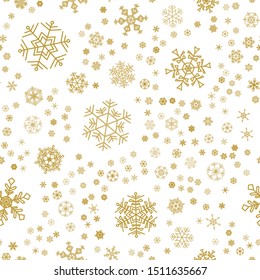 Seamless winter pattern with golden  snowflakes on white background. Snow vector illustration design for Christmas and New Year print textile paper