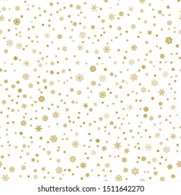 Seamless winter pattern with golden  snowflakes on white background. Snow vector illustration design for Christmas and New Year print textile paper