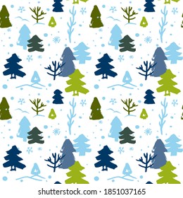 seamless winter pattern with green and blue Christmas trees and snow on white background for wrapping paper and surface design of New Year products