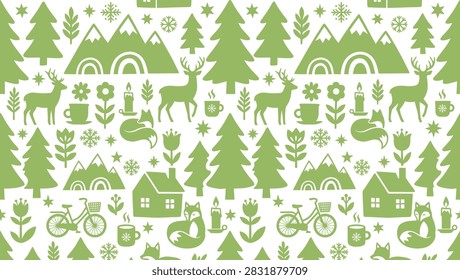 Seamless winter pattern with green pine trees, deer, snowflakes, houses, and festive icons on a light background.