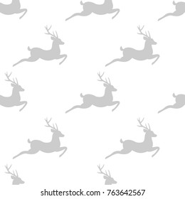 seamless winter pattern with  grey silhouette of jumping deer with antlers. vector flat Christmas ornament on white background