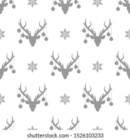 seamless winter pattern with grey snowflakes and deer heads with antlers and christmas tree toy balls on horns. vector flat Christmas ornament on white background