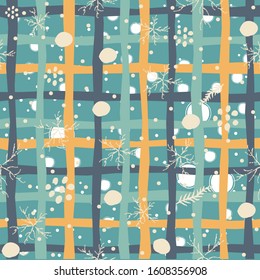 Seamless Winter pattern with hand drawn spruce, leafs, snowflakes. Winter/Merry Christmas Collection. Great For backgrounds, wrapping paper, prints, wallpaper, cards, textiles, etc