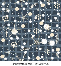 Seamless Winter pattern with hand drawn spruce, leafs, snowflakes. Winter/Merry Christmas Collection. Great For backgrounds, wrapping paper, prints, wallpaper, cards, textiles, etc