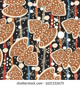 Seamless Winter Pattern with hand drawn gingerbread cookies and funny winter doodles. Delicate Design. Vector Illustration.