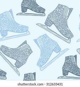 Seamless winter pattern with hand drawn doodle ornate ice skates illustrations